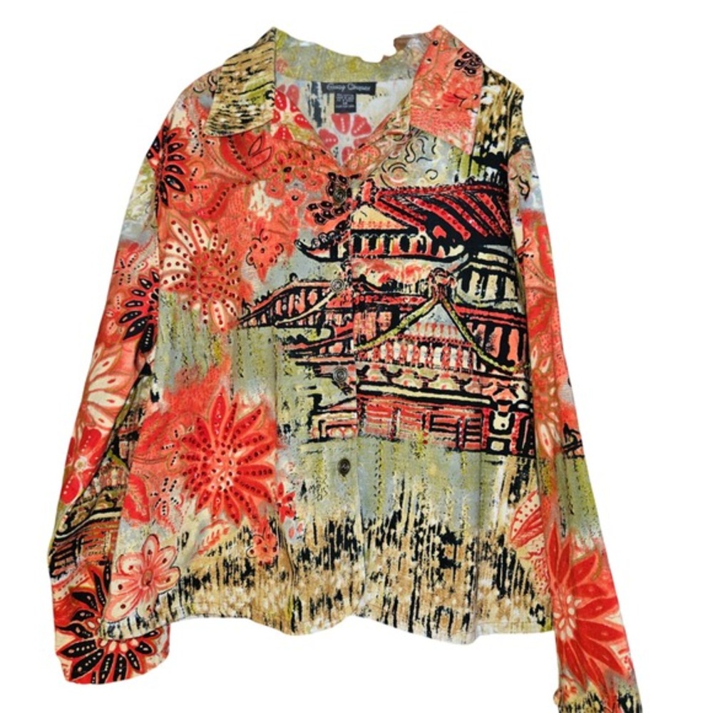 Gaudy Couture‎ Womens 1X Cotton Button Front Jacket Red Floral Pagoda Art Print